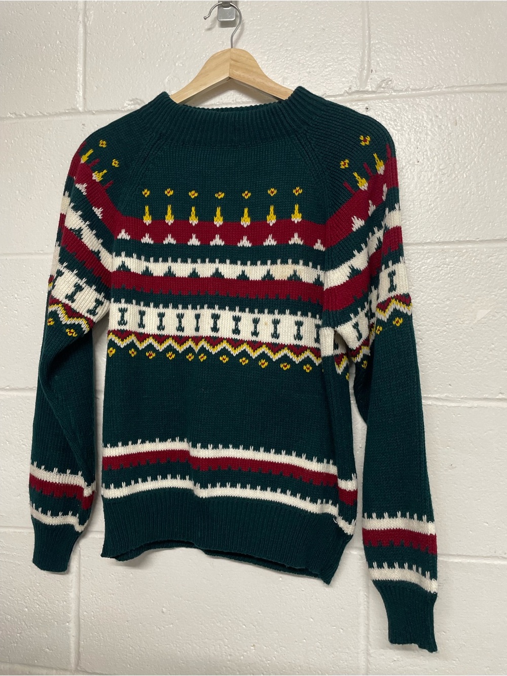 Craft Dark Green Fair Isle Crewneck Sweater with Red & Cream Accents